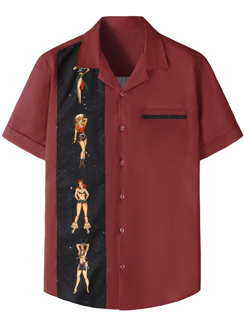 Men's 50s Rockabilly Style Retro Bowling Burgundy Button Up Short Sleeve Shirt