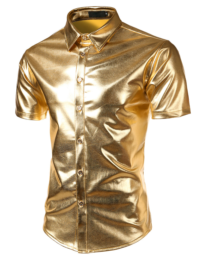 Mens Metallic Shiny Nightclub Styles Short Sleeves Button Down Dress Shirts