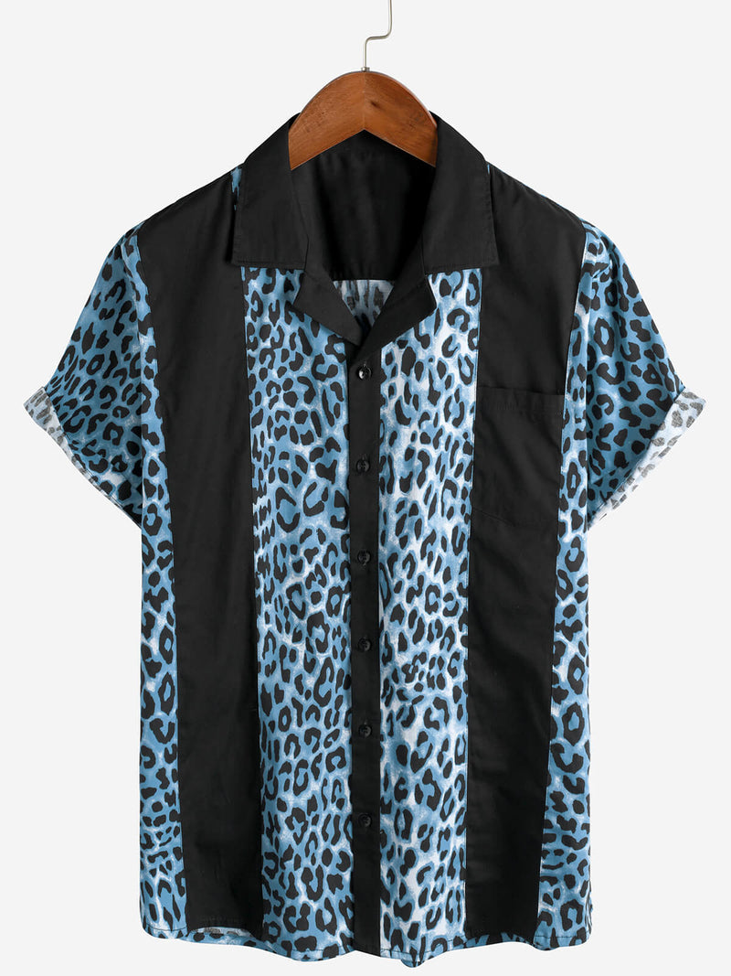 Men's Leopard Print Boling Casual Button Up Short Sleeve Hawaiian Summer Shirt