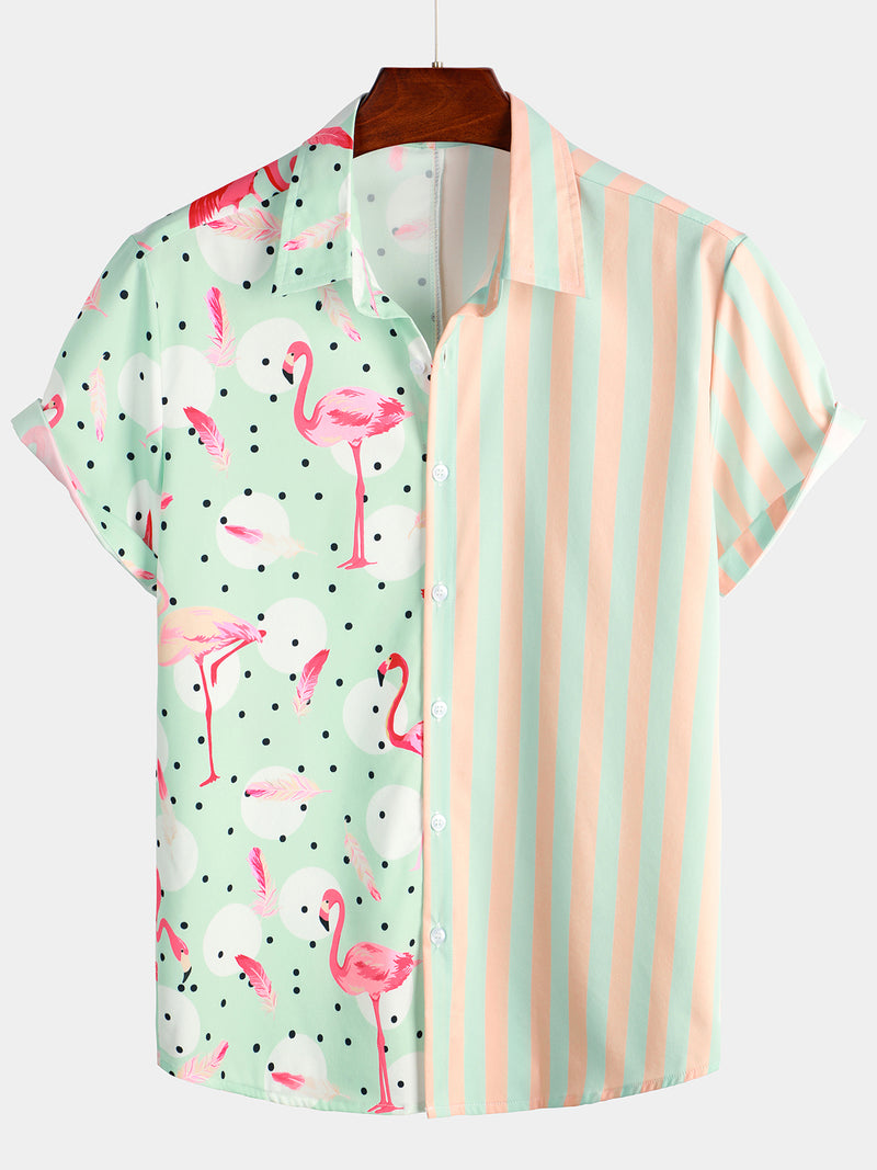 Men's Pineapple & Striped Print Holiday Short Sleeve Shirt