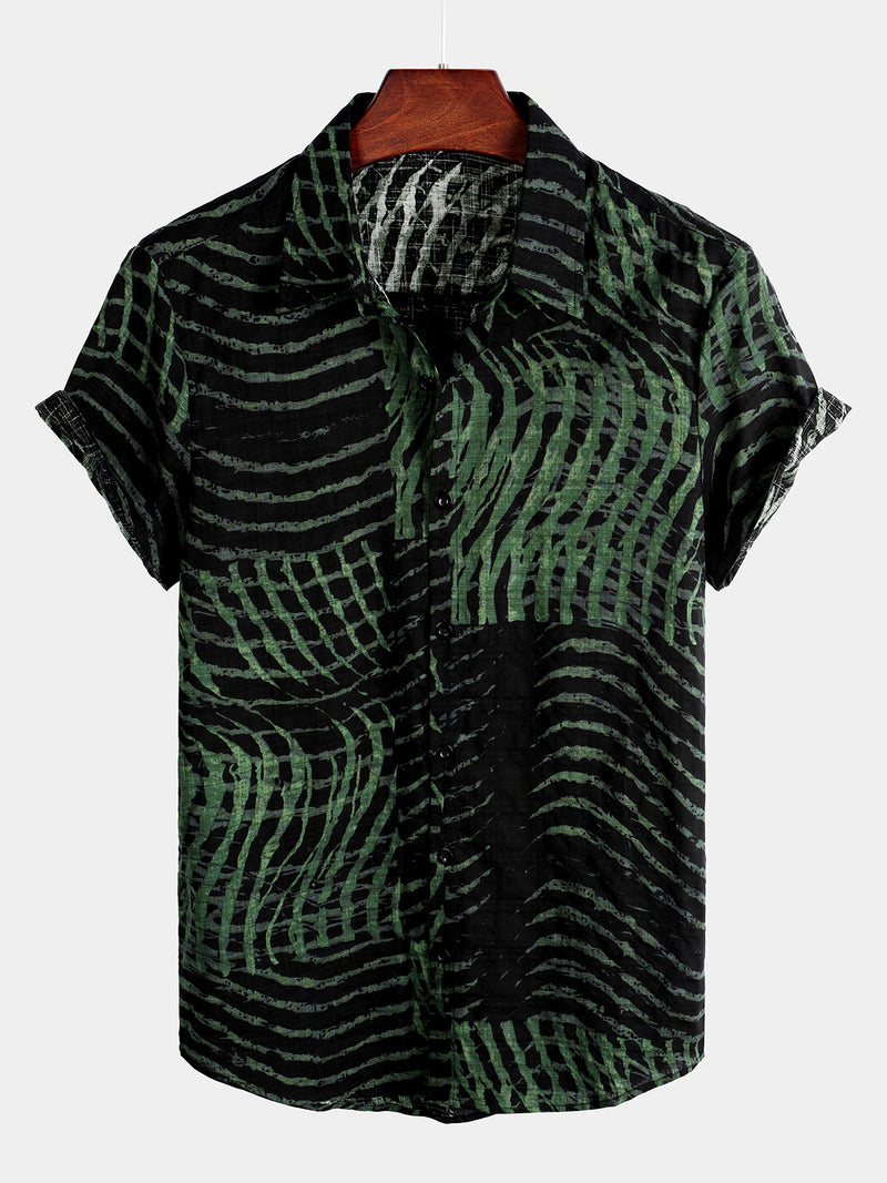 Men's Short Sleeve Striped Printed Retro Cotton Shirt