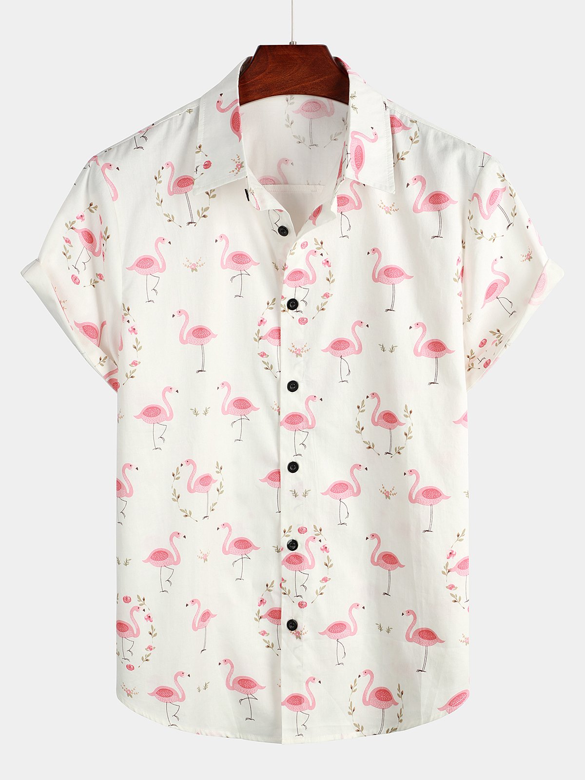 Men's Pink Flamingo Print Cotton Short Sleeve Shirt