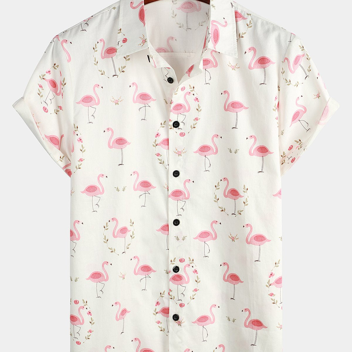 Men's Pink Flamingo Print Cotton Short Sleeve Shirt