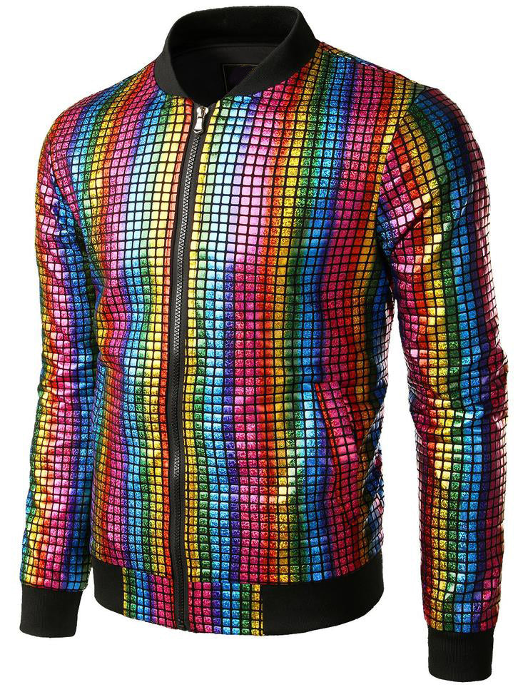 Men's Metallic Sequins Baseball Bomber Jacket Disco Party Costume