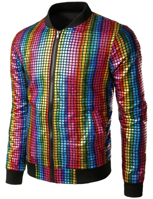 Men's Metallic Sequins Baseball Bomber Jacket Disco Party Costume