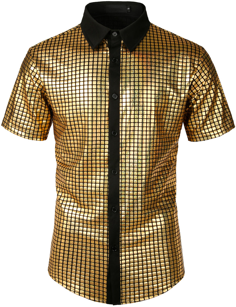 Men's Dress Shirt Sequins Short Sleeves Button Down Shirts Disco Party Costume