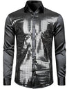 Mens Dress Shirt Silver Sequins Long Sleeve Button Down Disco Shirt Party Costume