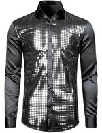 Mens Dress Shirt Silver Sequins Long Sleeve Button Down Disco Shirt Party Costume