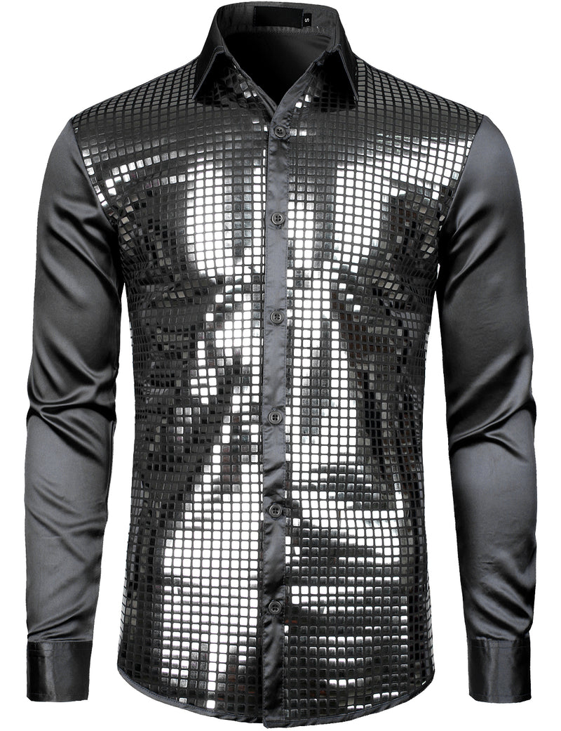 Mens Dress Shirt Silver Sequins Long Sleeve Button Down Disco Shirt Party Costume