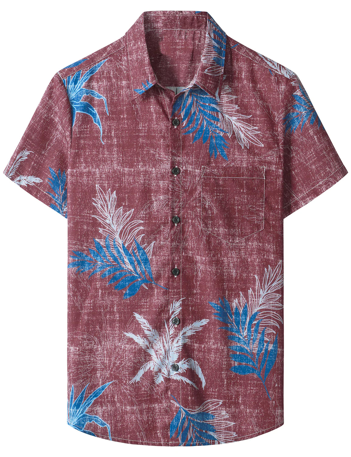 Men's Tropical Plant Leaf Burgundy Pocket Vintage Short Sleeve Aloha Shirt