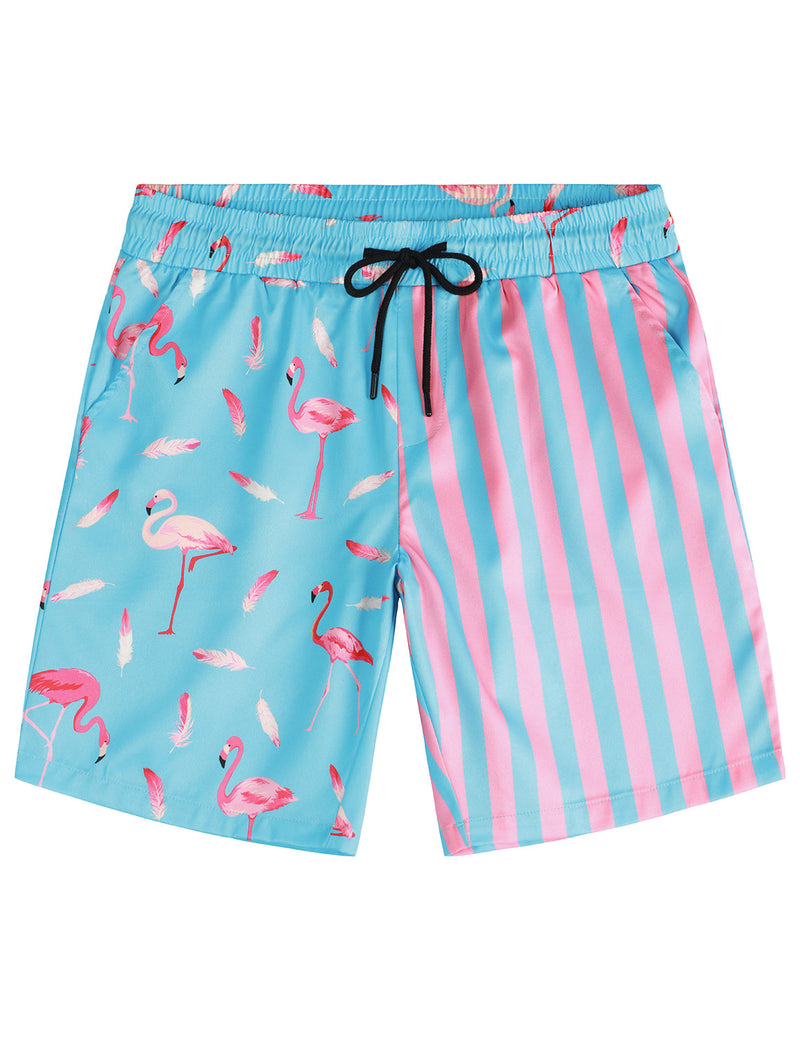 Men's Flamingo and Blue Striped Beach Animal Hawaiian Aloha Shorts