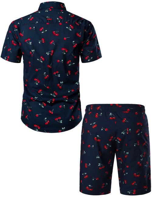 Men's Cherry Print Cotton Hawaiian Shirt & Shorts Set