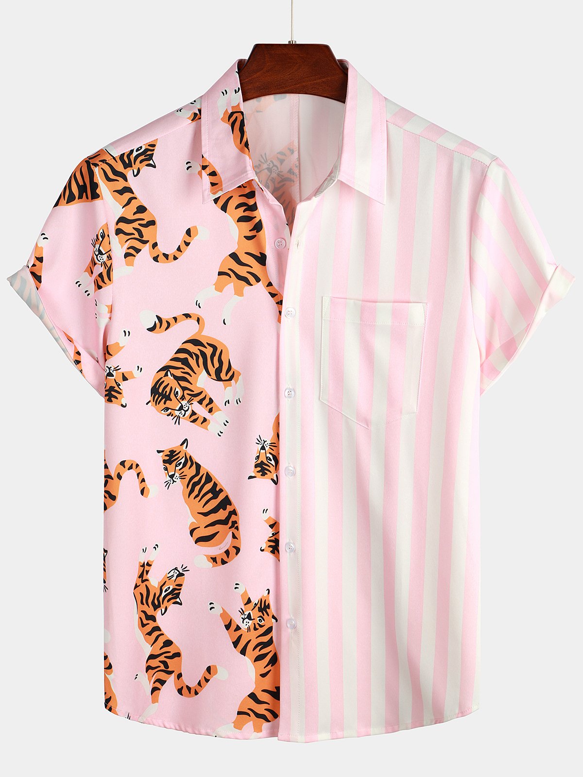 Men's Pink Short Sleeve Striped Pocket Hawaiian Shirt