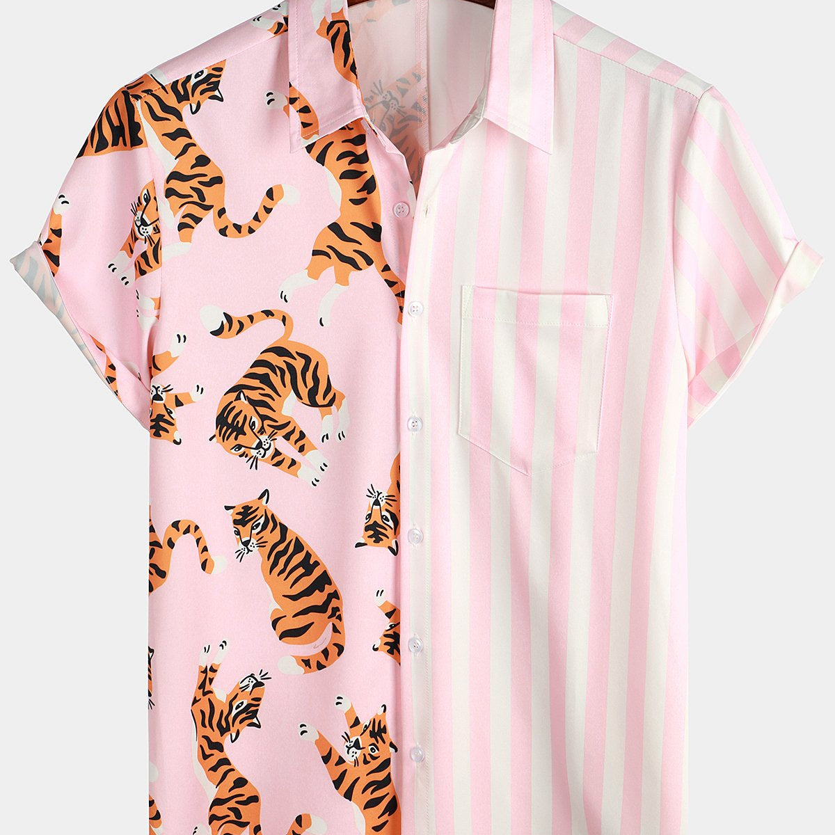Men's Pink Short Sleeve Striped Pocket Hawaiian Shirt