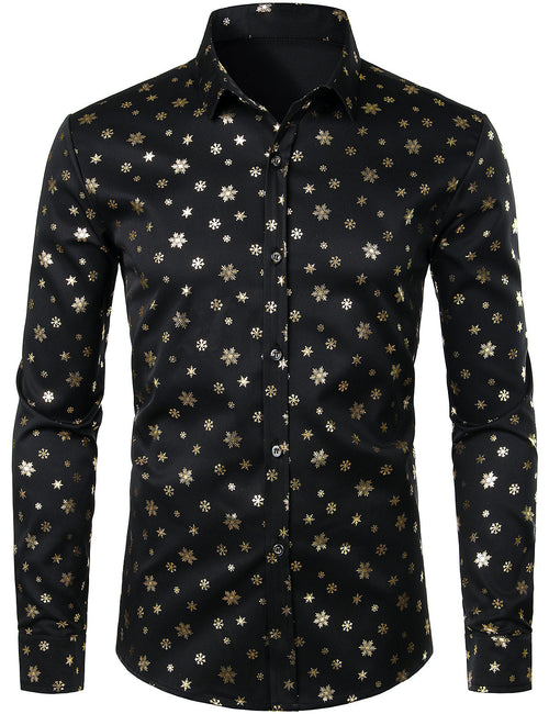 Men's Snowflake Print Long Sleeve Casual Button Up Shirt