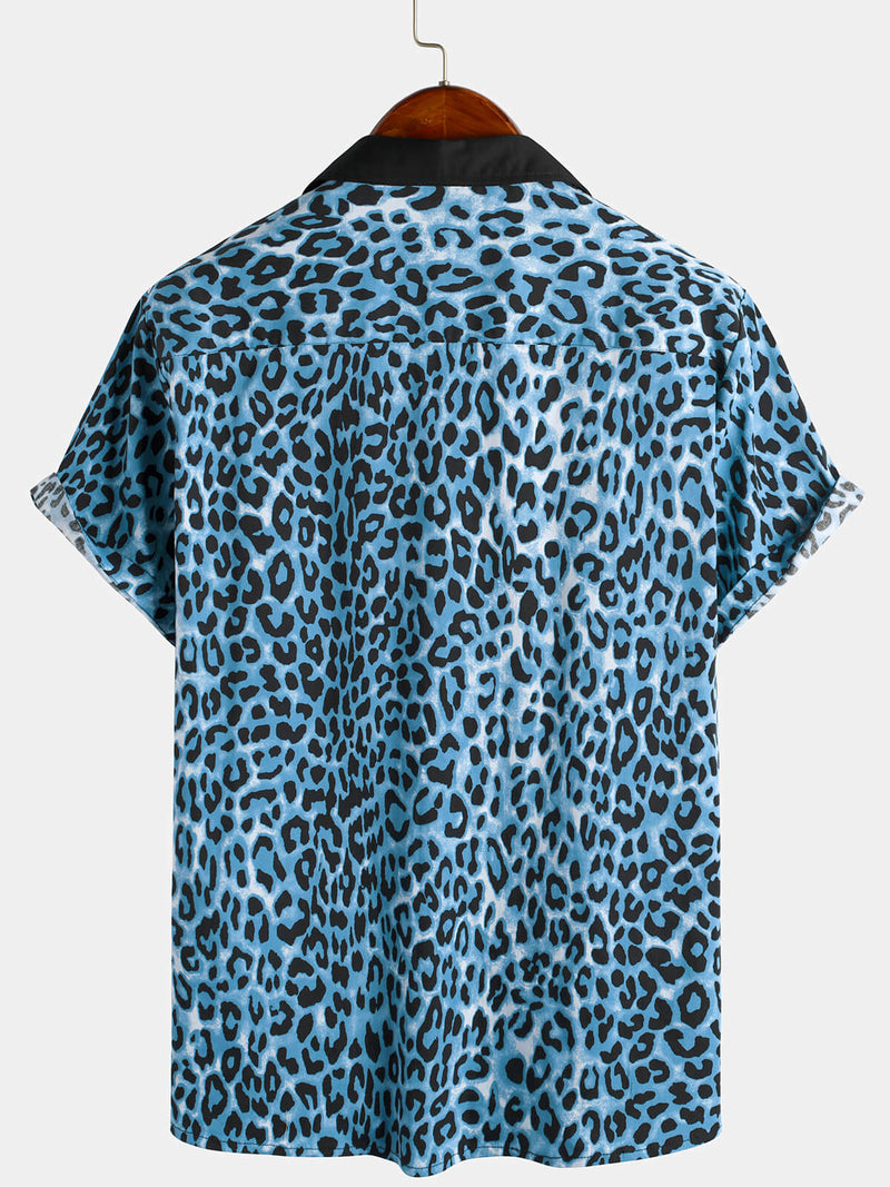 Men's Leopard Print Boling Casual Button Up Short Sleeve Hawaiian Summer Shirt