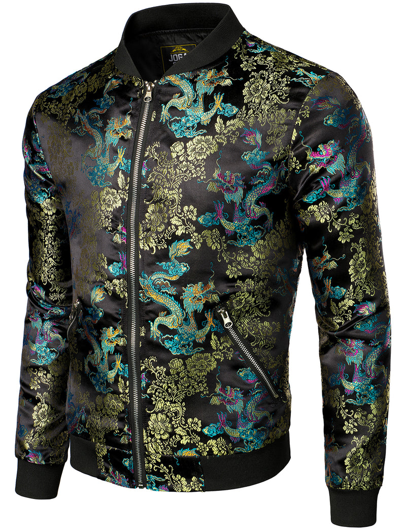 Men's Vintage Embroidered Satin Flight Bomber Jacket Coat