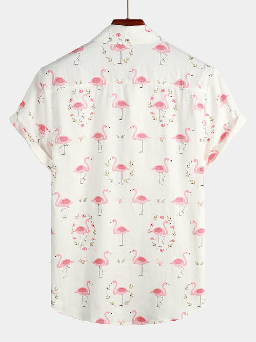 Men's Pink Flamingo Print Cotton Short Sleeve Shirt