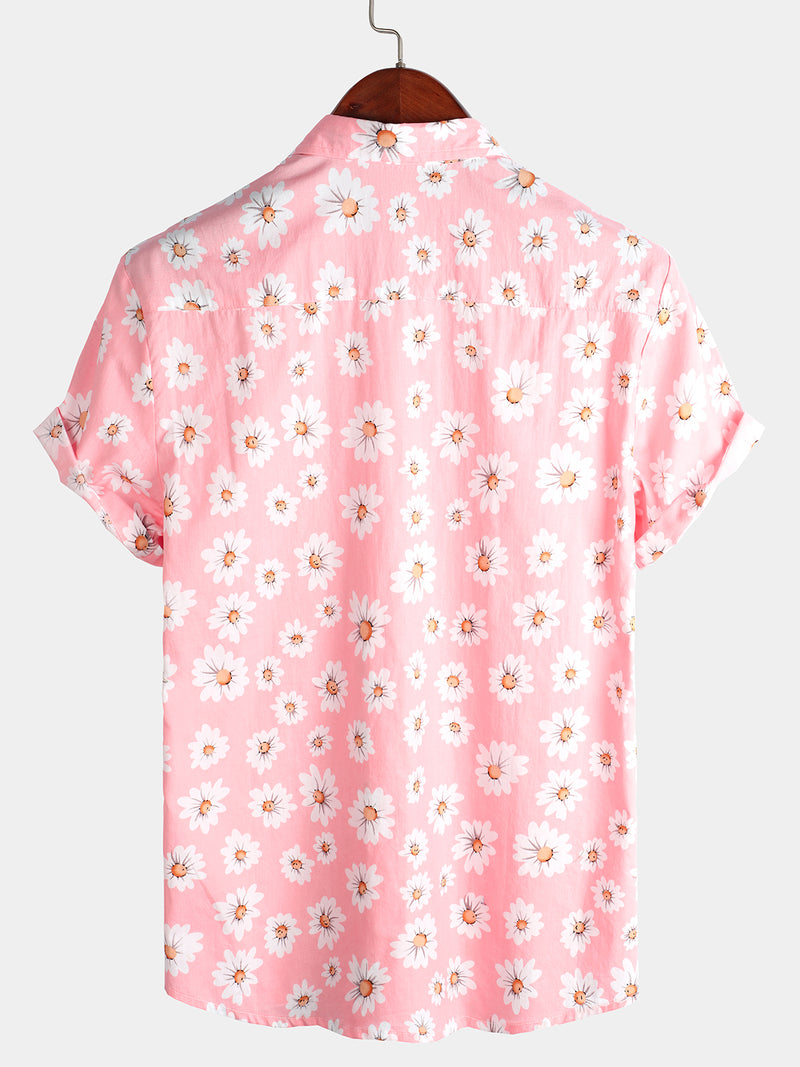 Men's Floral Daisy Print Tropical Hawaiian Cotton Flower Shirt