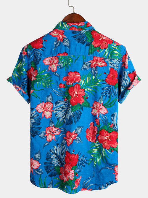 Men's Blue Flower Tropical Hawaii Cotton Short Sleeve Shirt