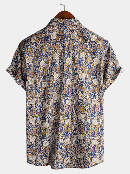 Men's Vintage Paisley Pocket Holiday Cotton Short Sleeve Shirt
