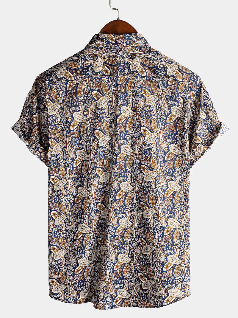 Men's Vintage Paisley Pocket Holiday Cotton Short Sleeve Shirt