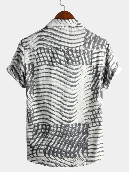 Men's Short Sleeve Striped Printed Retro Cotton Shirt