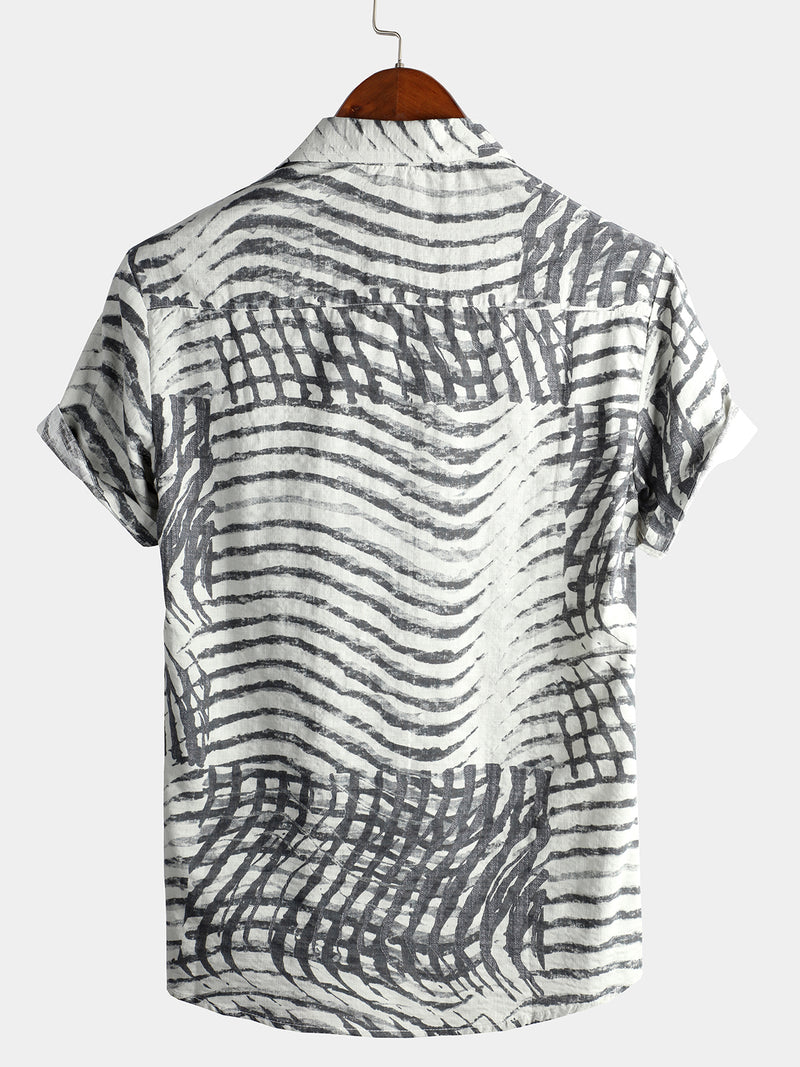 Men's Short Sleeve Striped Printed Retro Cotton Shirt