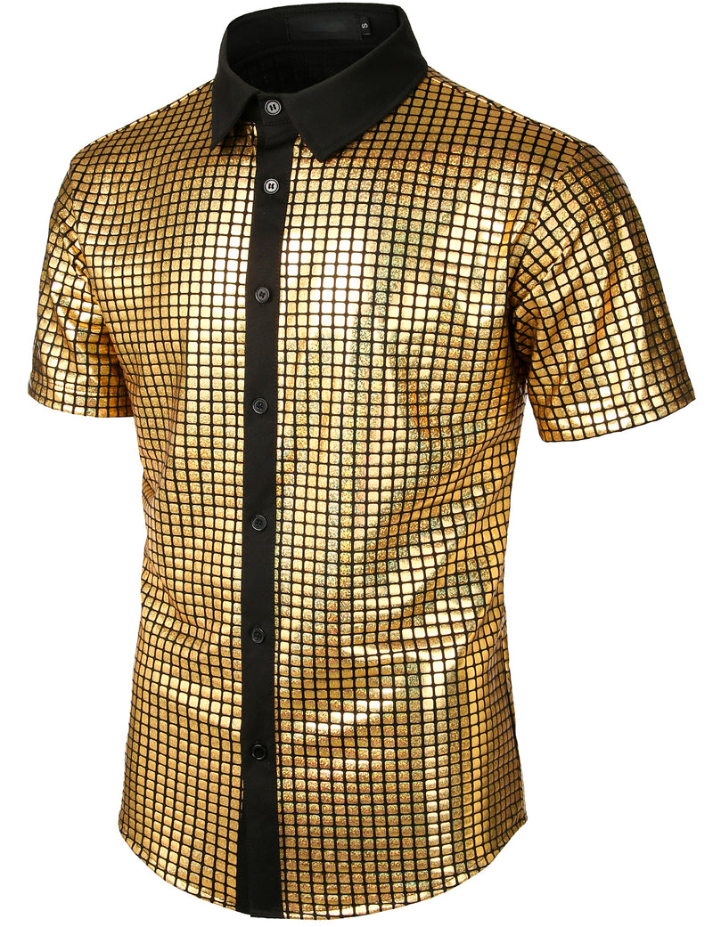 Men's Dress Shirt Sequins Short Sleeves Button Down Shirts Disco Party Costume