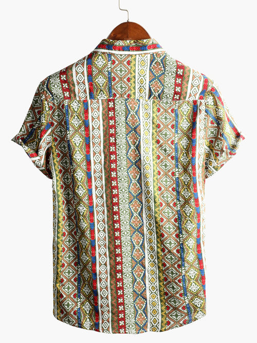 Men's Patchwork Printed Short Sleeve Cotton Shirt