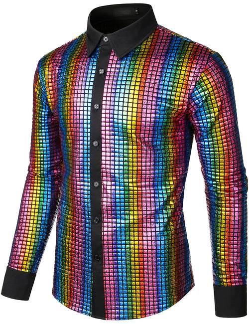 Men's Dress Shirt Sequins Button Down Long Sleeve Shirts Disco Party Costume