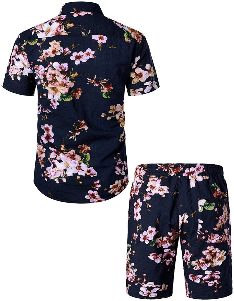 Men's Flower Print Hawaiian Shirt & Shorts Set
