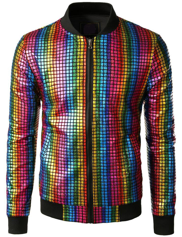 Men's Metallic Sequins Baseball Bomber Jacket Disco Party Costume