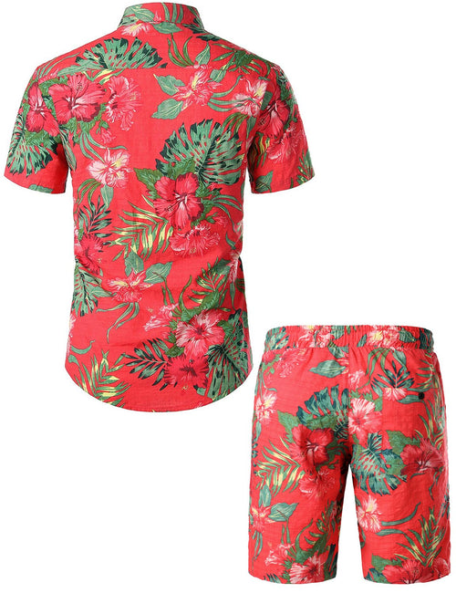 Men's Flower Casual Button Down Hawaiian Shirts&Shorts