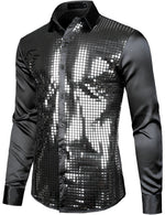 Mens Dress Shirt Silver Sequins Long Sleeve Button Down Disco Shirt Party Costume
