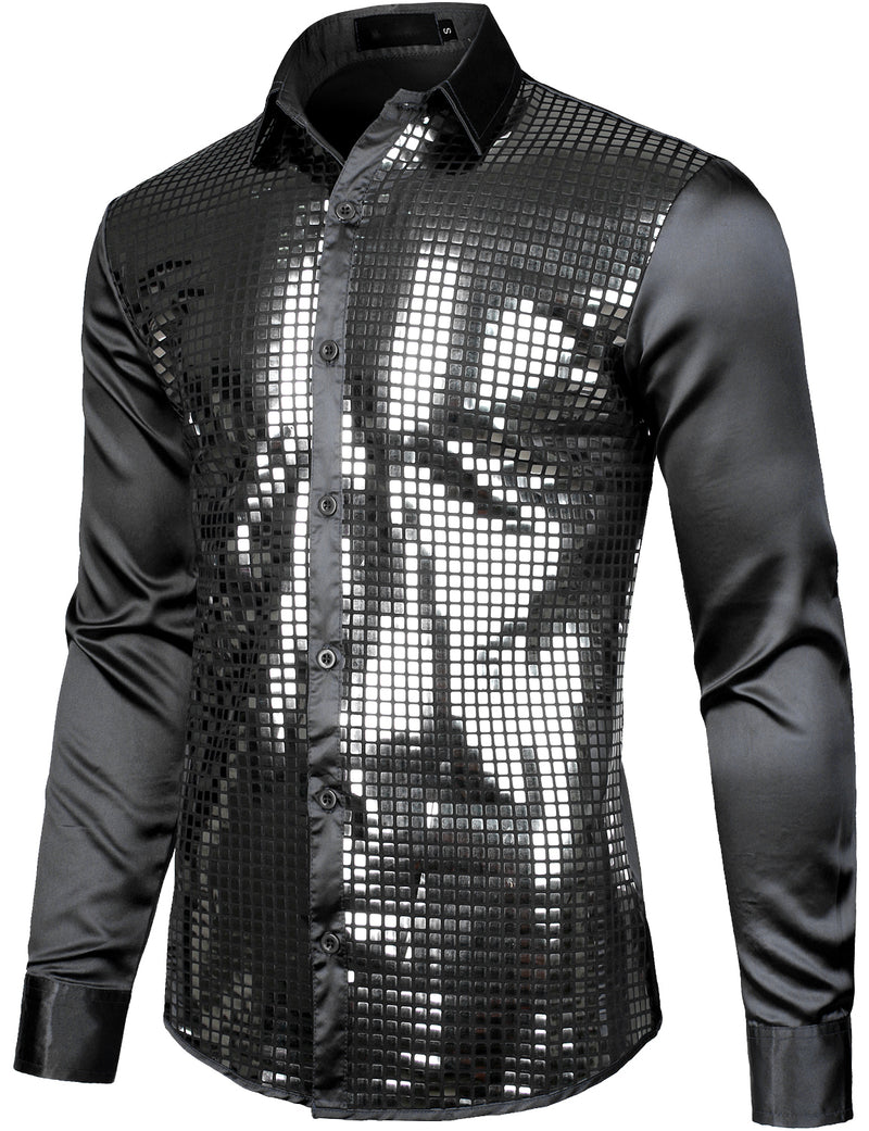 Mens Dress Shirt Silver Sequins Long Sleeve Button Down Disco Shirt Party Costume