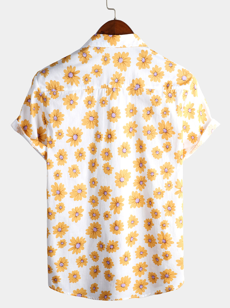Men's Floral Daisy Print Tropical Hawaiian Cotton Flower Shirt