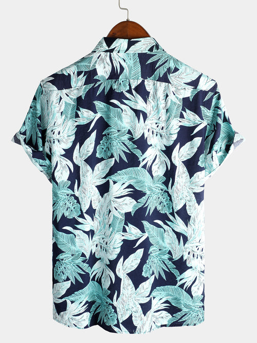 Men's Tropical Leaf Print Pocket Short Sleeve Shirt