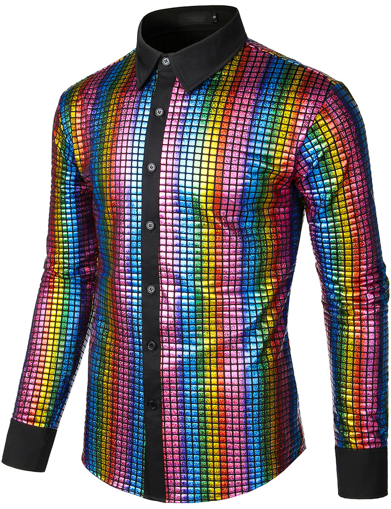 Men's Dress Shirt Sequins Button Down Long Sleeve Shirts Disco Party Costume