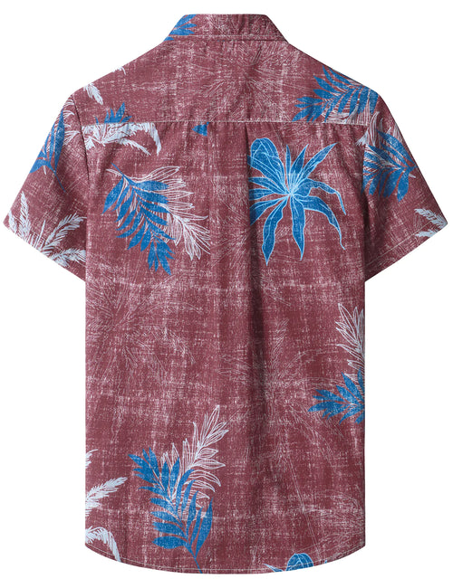 Men's Tropical Plant Leaf Burgundy Pocket Vintage Short Sleeve Aloha Shirt