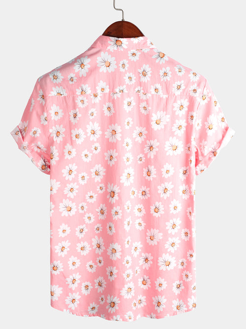 Men's Pink Floral Daisy Print Tropical Hawaiian Cotton Flower Shirt