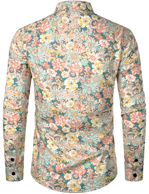 Men's Grey Cotton Floral Print Long Sleeve Shirt
