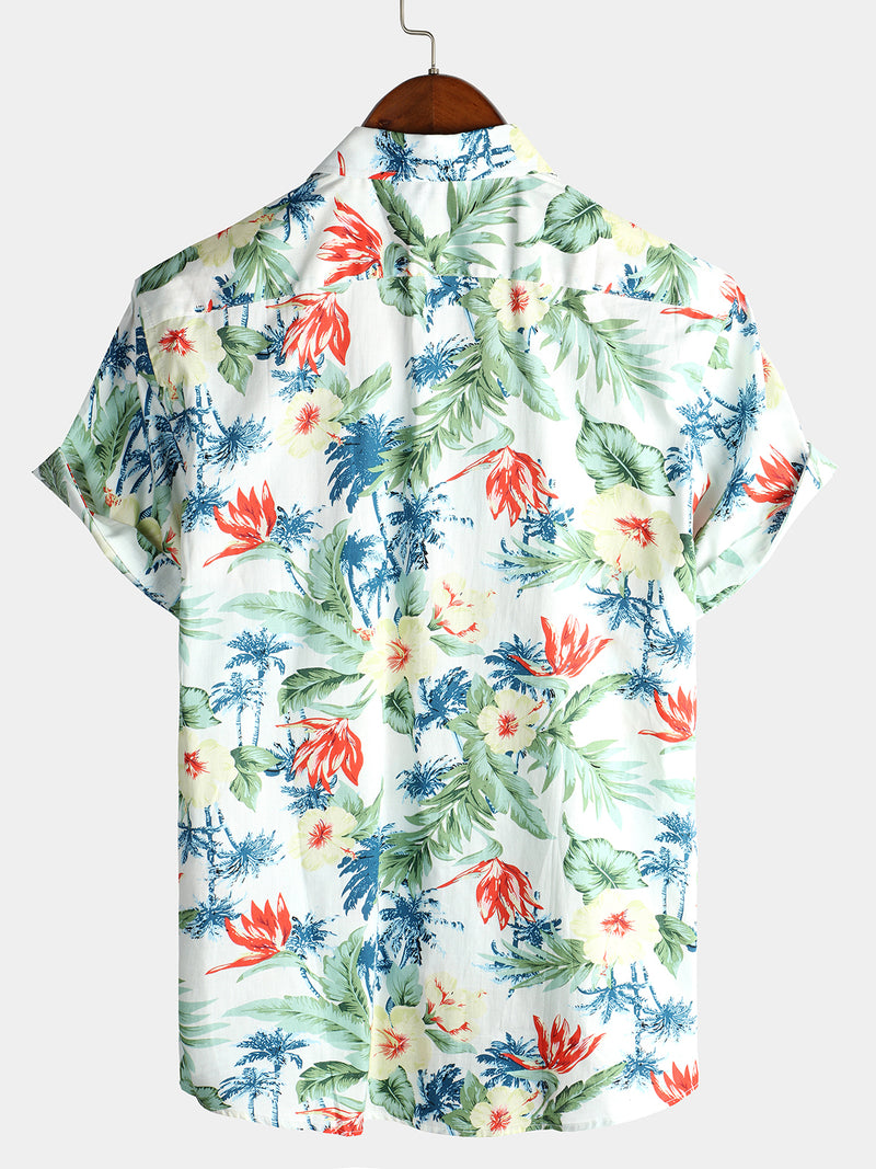 Men's Tropical Floral White Pocket Holiday Cotton Shirt