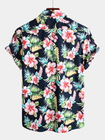 Men's Dark Blue Floral Holiday Short Sleeve Cotton Shirt