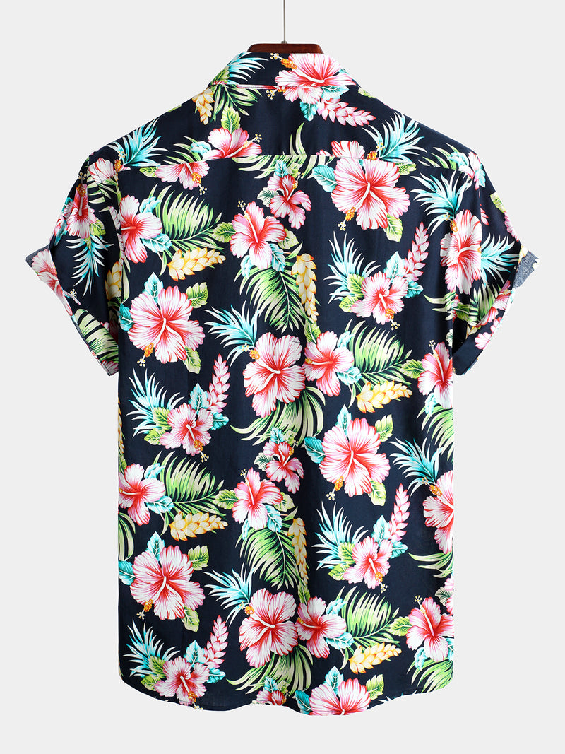 Men's Dark Blue Floral Holiday Short Sleeve Cotton Shirt