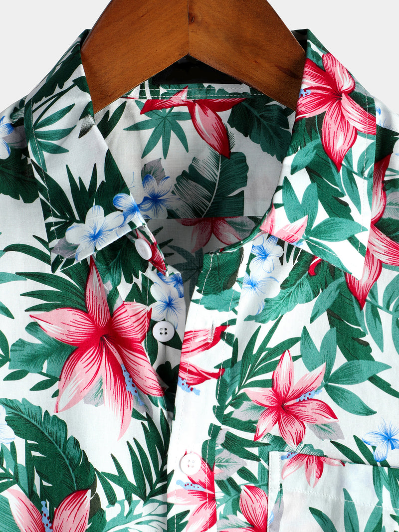 Men's White Tropical Floral Pocket Holiday Cotton Shirt
