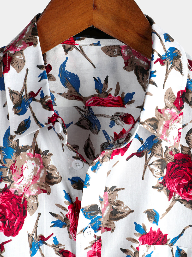 Men's White Floral Print Holiday Cotton Rose Shirt