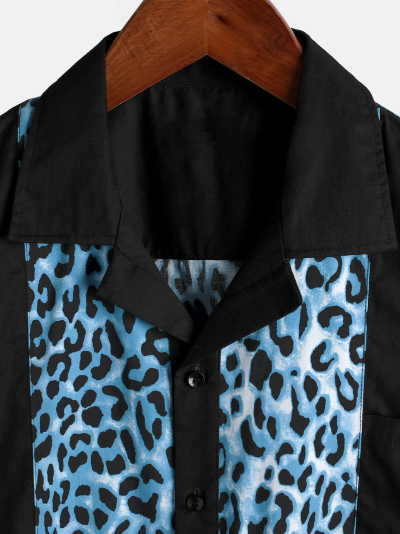 Men's Leopard Print Boling Casual Button Up Short Sleeve Hawaiian Summer Shirt