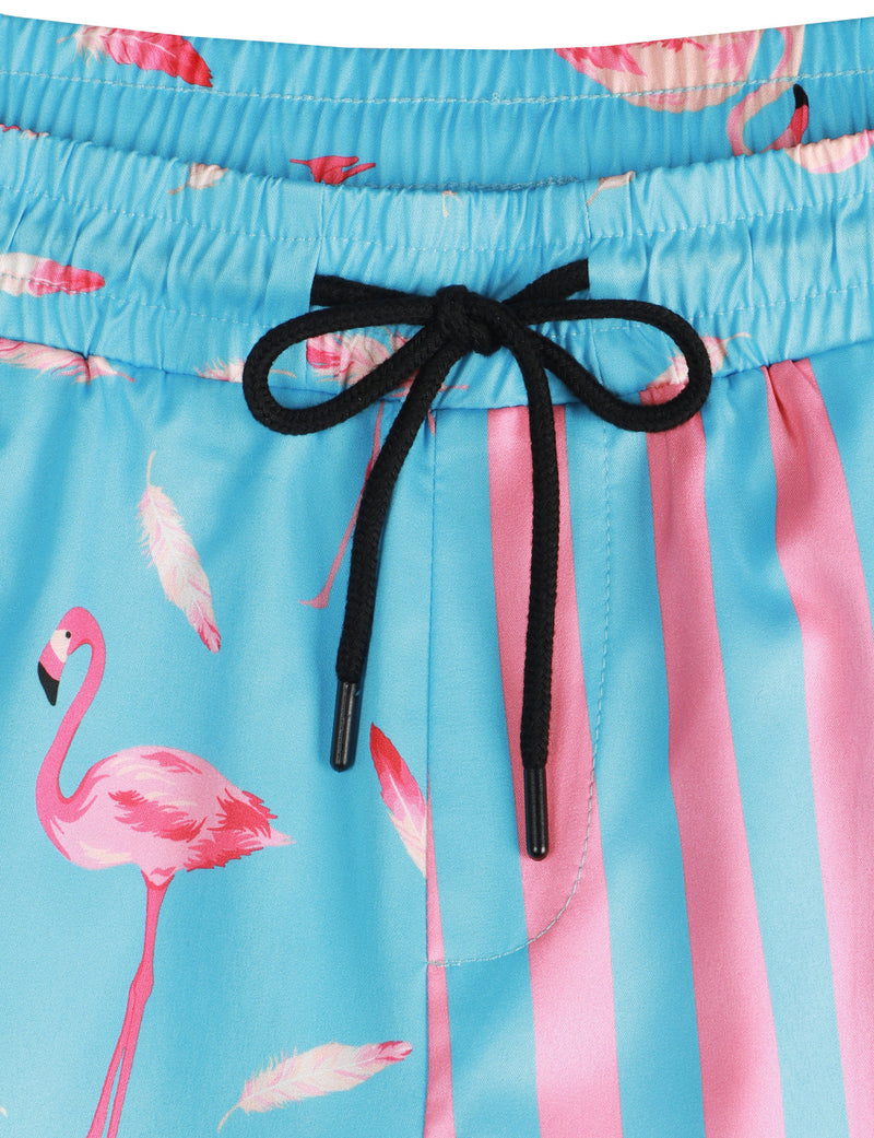 Men's Flamingo and Blue Striped Beach Animal Hawaiian Aloha Shorts