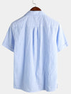 Men's Striped Cotton Blue Summer Button Up Cuban Collar Camp Short Sleeve Beach Shirt